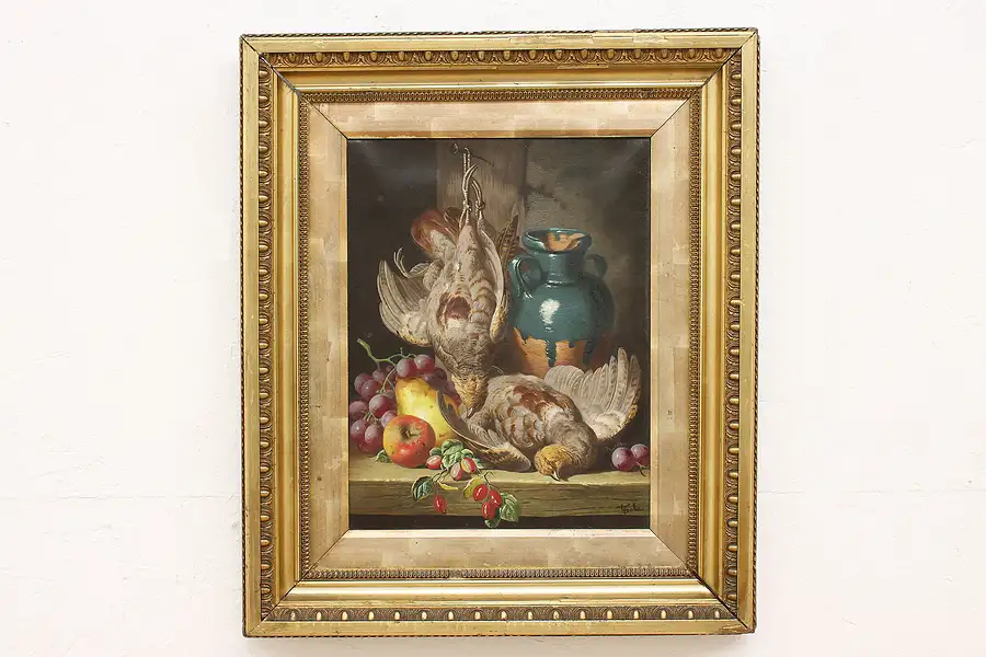 Main image of Victorian Antique Original Still Life Fruit & Bird Oil Painting Bale 27"