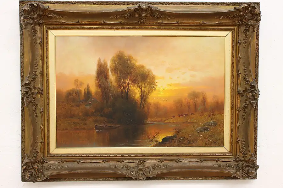 Main image of Victorian River Sunset Scene Original Antique Oil Painting, Felix 41"