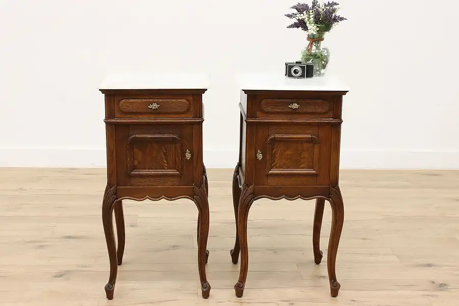 Main image of Pair of French Antique Oak Nightstands, End Tables, Marble Tops