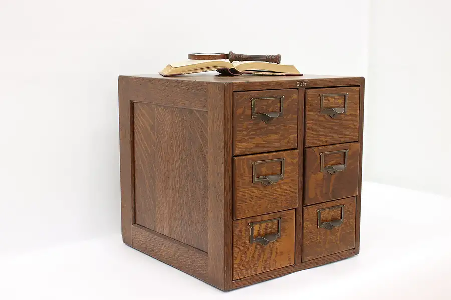 Main image of Oak Antique 6 Drawer Desktop Office 4x6 Card File, Globe