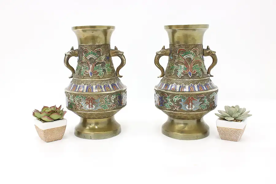 Main image of Pair of Antique Bronze & Cloisonne or Champleve Enamel Urns