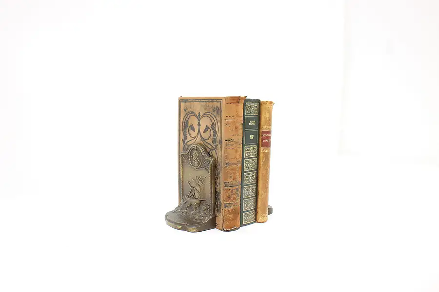 Main image of Pair of Antique Bronze Finish Bookends,Clipper Ship & Captain