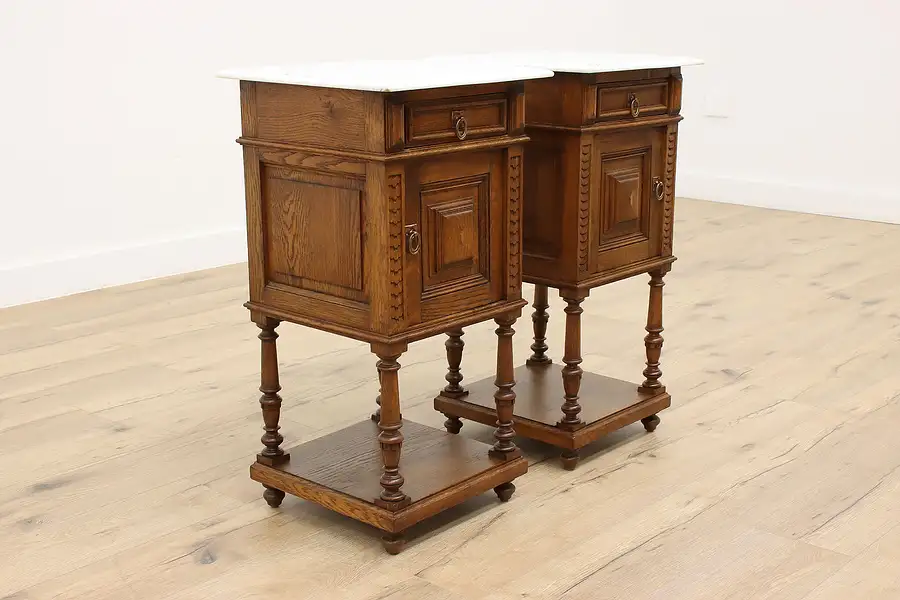 Main image of Pair of French Antique Carved Oak Nightstands or End Tables, Marble Tops