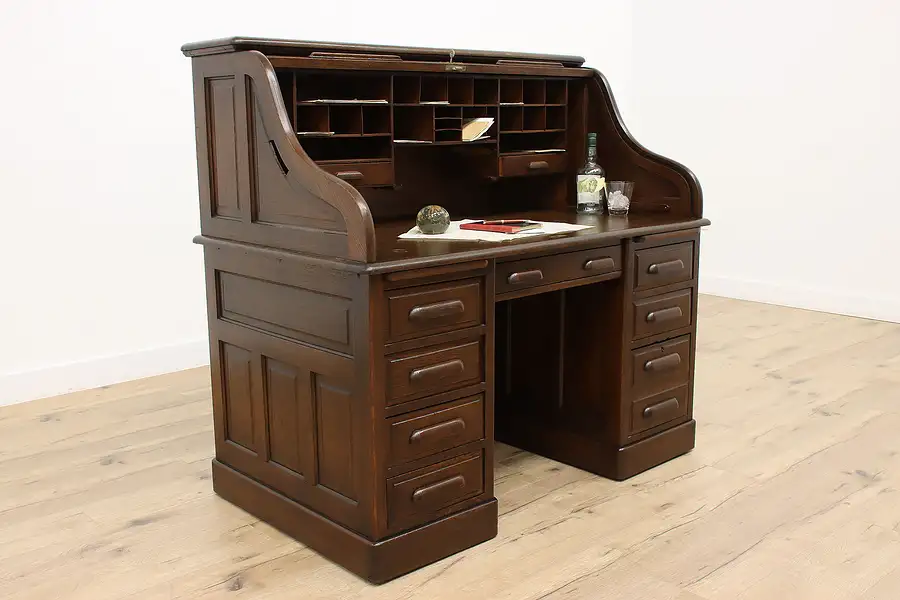 Main image of Victorian Antique Oak S Curve Roll Top Office Desk, Raised Panels