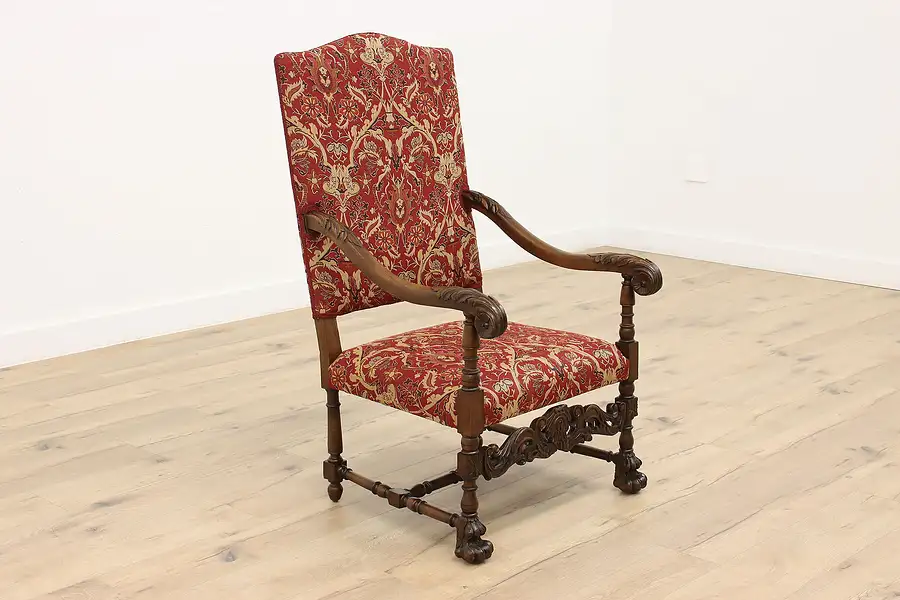 Main image of Throne or Hall Chair, Hand Carved Italian Antique, New Upholstery