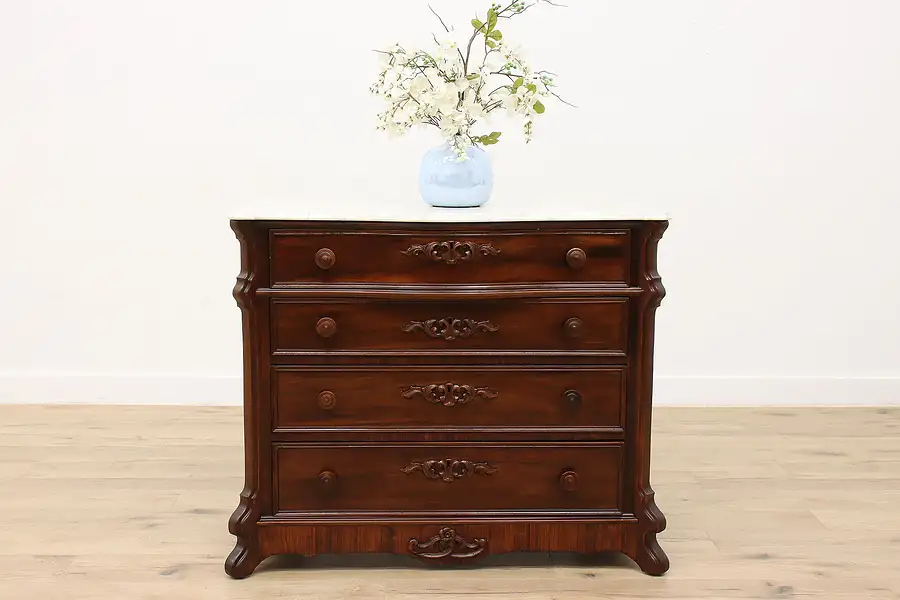 Main image of Victorian Antique Carved Rosewood Dresser Hall or Linen Chest, Marble Top