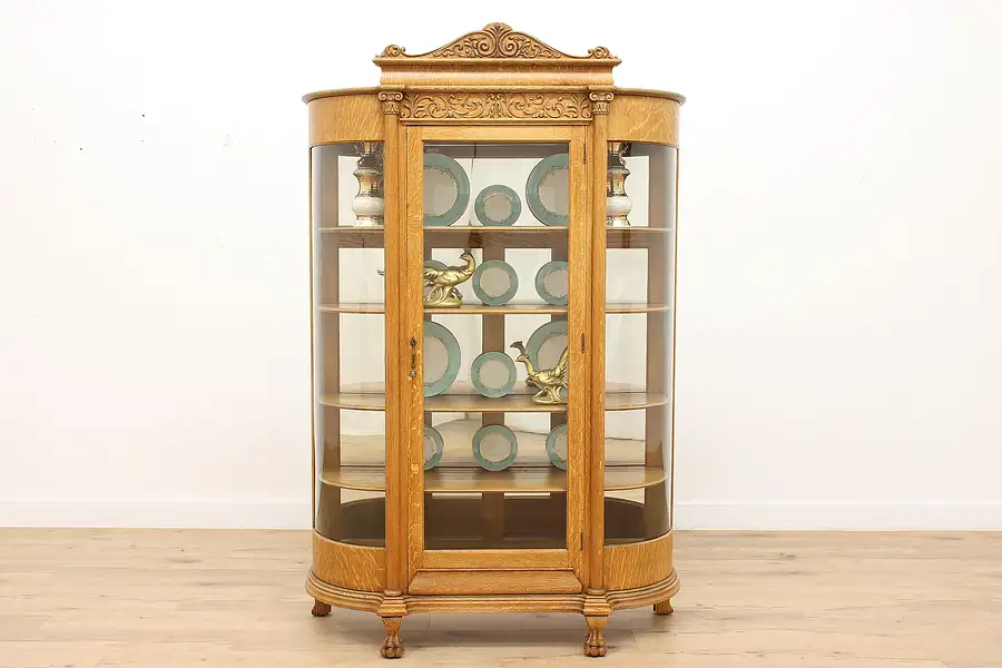 Main image of Victorian Antique Curved Glass Oak China Curio Display Cabinet, Paw Feet