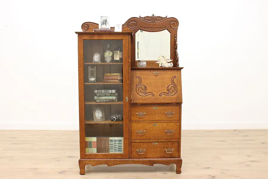 Main image of Victorian Antique Oak Side by Side Secretary Desk & Bookcase