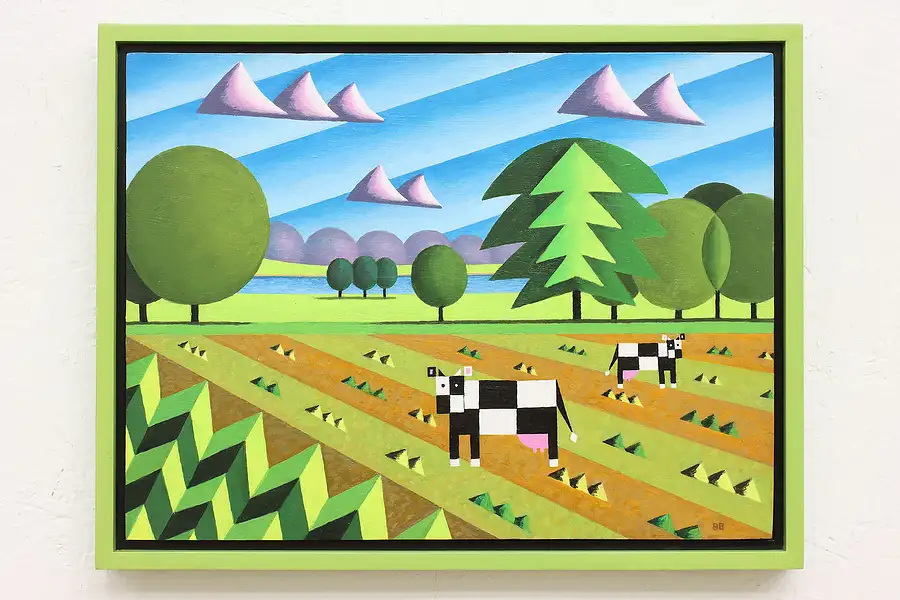 Main image of Scene with Cows Vintage Original Acrylic Painting, Bodden 17.5"