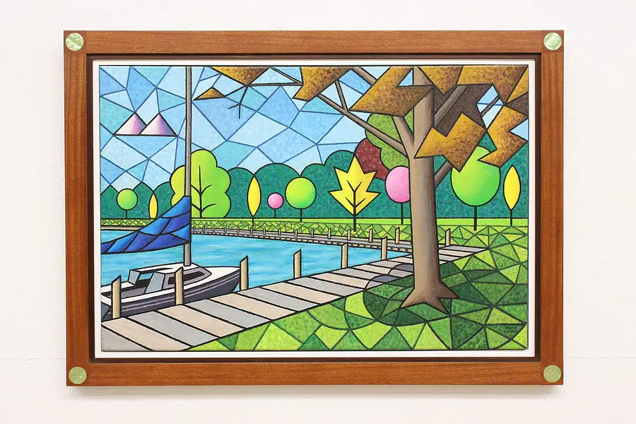 Main image of Neenah WI Park & Boat Vintage Original Acrylic Painting, Bodden 35"