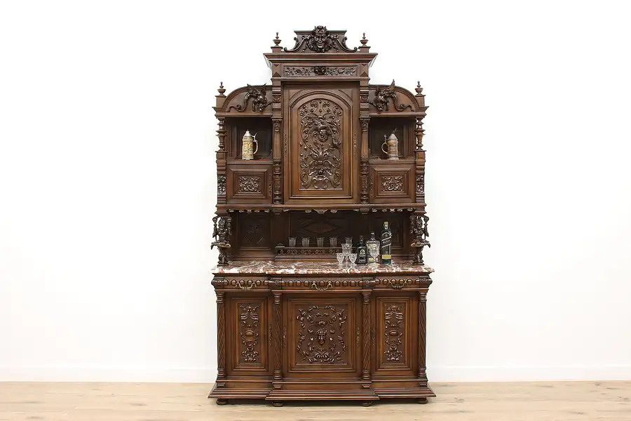 Main image of Renaissance Antique Walnut Backbar, Server, China Cabinet, Carved Jesters