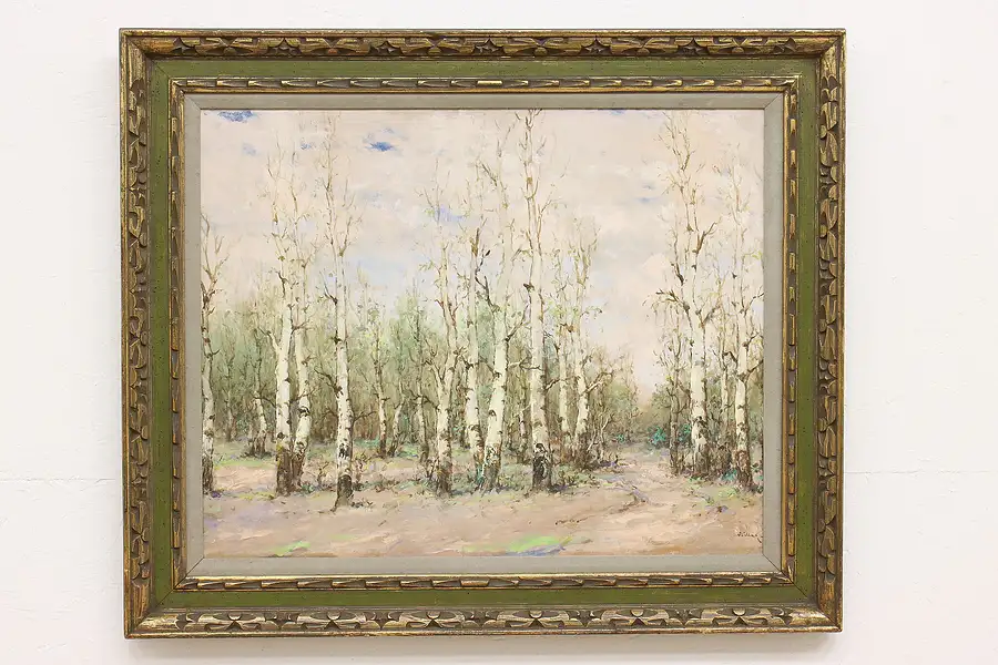 Main image of White Birch Forest in Winter Vintage Original Oil Painting, Signed 38"