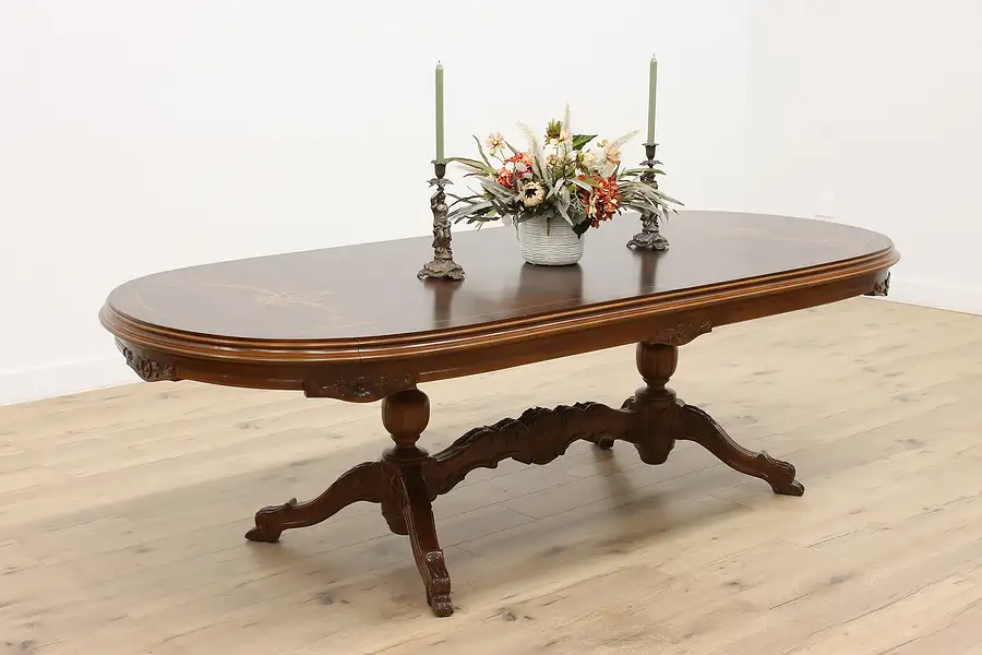 Main image of Carved Walnut & Marquetry Antique Dining, Library or Conference Table