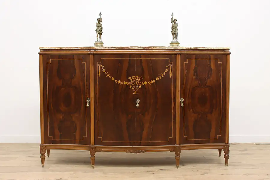 Main image of Walnut Burl & Marquetry Antique Italian Bar or China Cabinet, Onyx Top