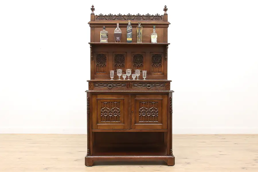 Main image of Gothic Design Antique Carved Oak Backbar, Bar Cabinet, or Server