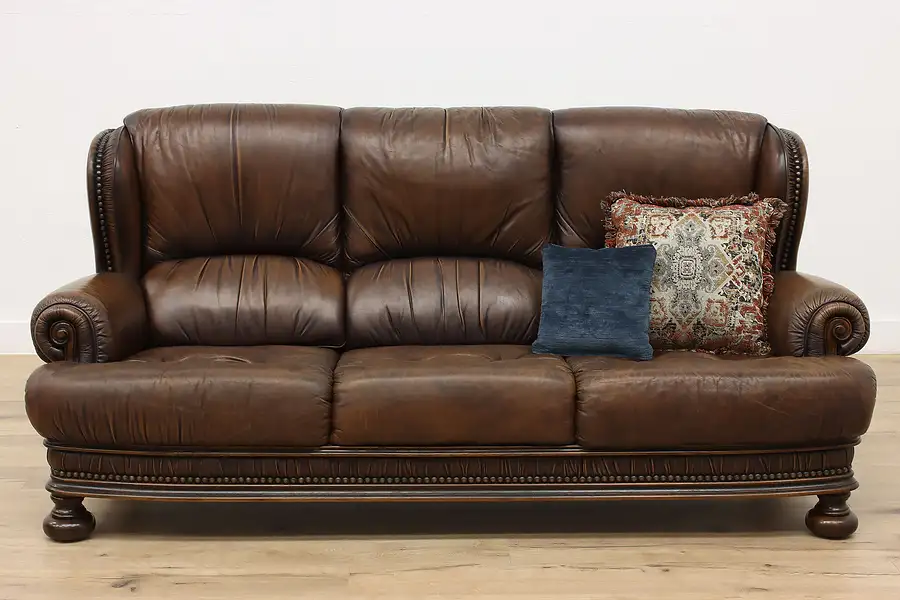 Main image of Chestnut Leather Vintage Scandinavian Sofa, Brass Nailhead Trim