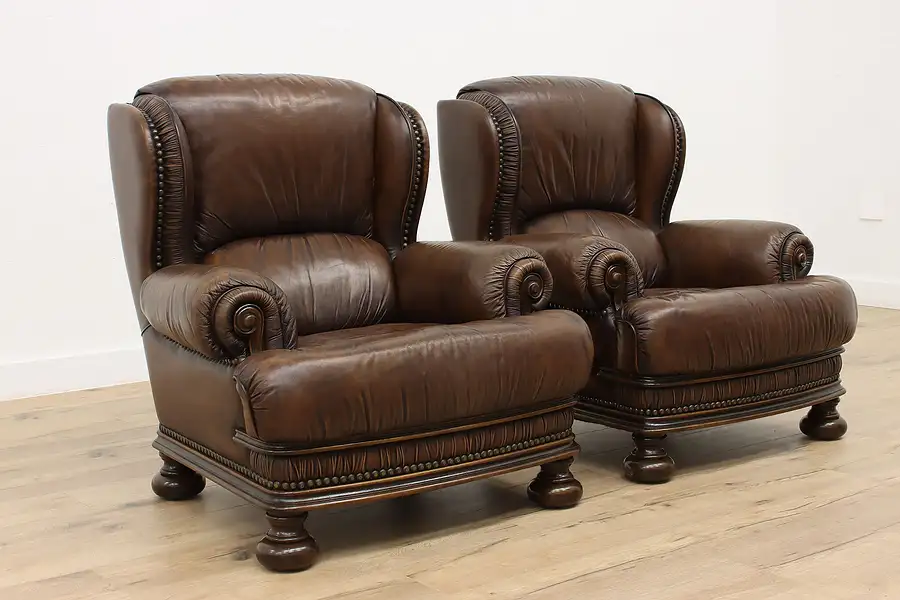 Main image of Pair of Vintage Chestnut Leather Scandinavian Library, Office Wing Chairs