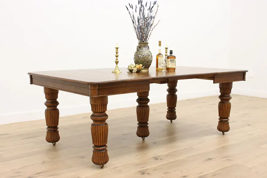 Main image of Victorian Farmhouse Antique Square Oak Dining Table, 3 Leaves Extends 7'