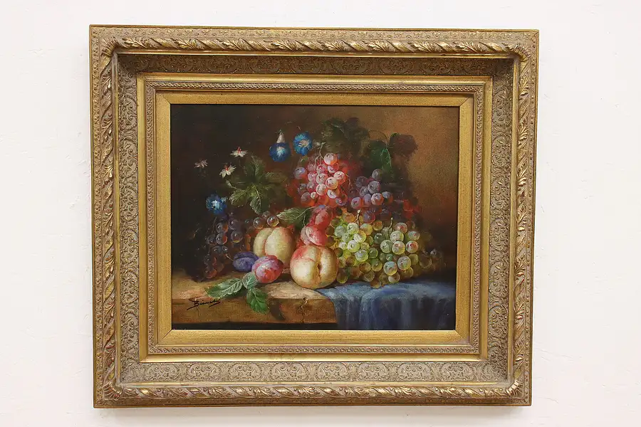 Main image of Still Life of Peaches & Grapes Vintage Original Oil Painting Bianchi 29"