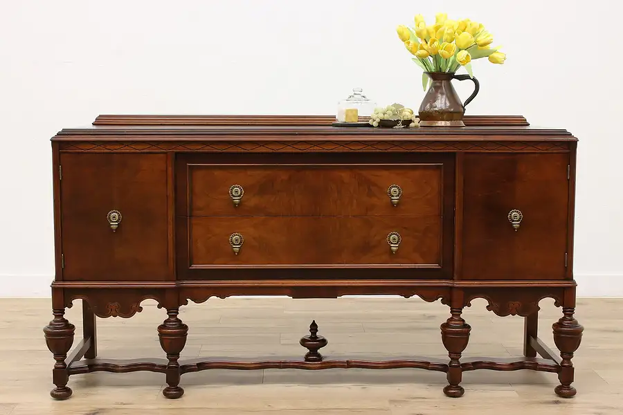 Main image of English Tudor Design Antique Carved Walnut Buffet, Sideboard, or Server