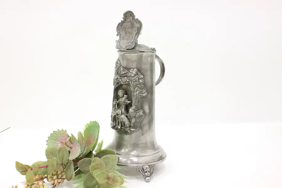 Main image of Pewter Antique Stein or Mug, Man & Dog Sculpture Signed Benheim 1713