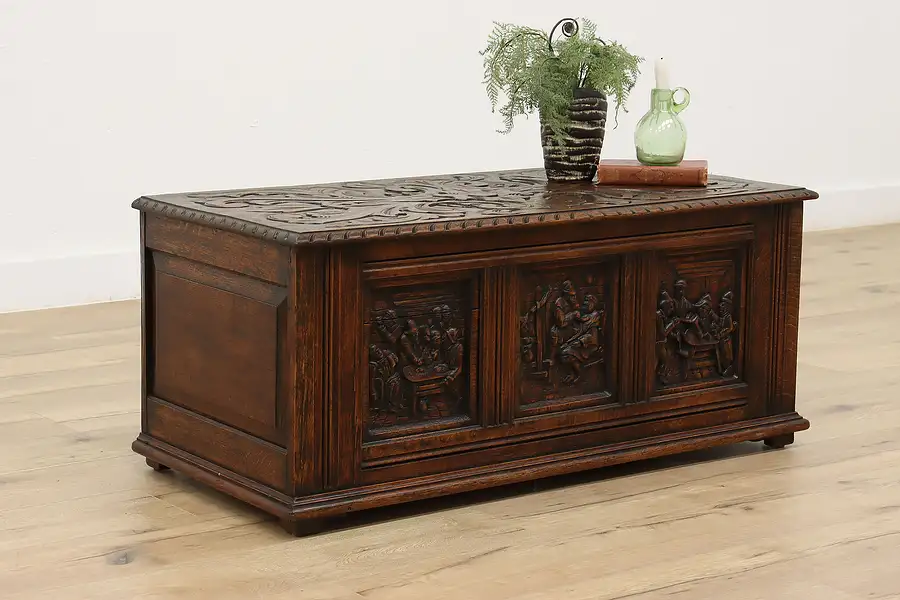 Main image of Renaissance Antique Carved Oak Blanket Chest or Dowry Trunk, Horner NYC