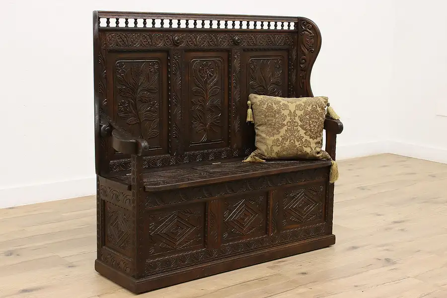 Main image of Hand Carved Oak Antique Dutch Hall Bench, Storage Under Seat