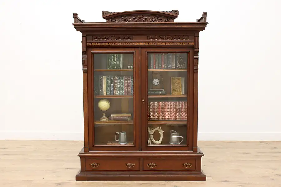 Main image of Victorian Eastlake Antique Carved Walnut Office or Library Bookcase