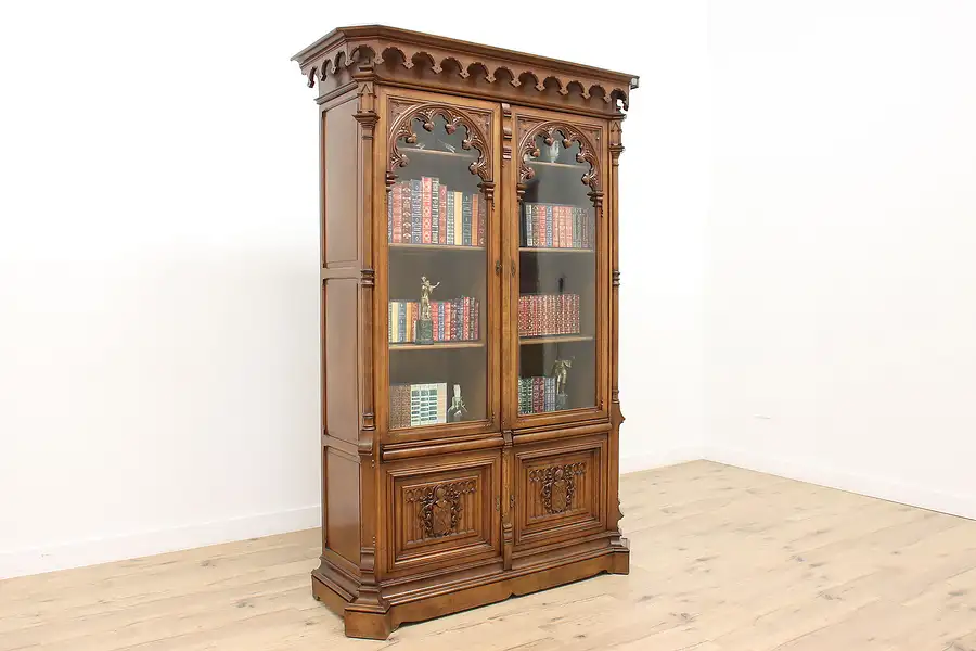 Main image of French Gothic Carved Walnut Antique Office or Library Bookcase