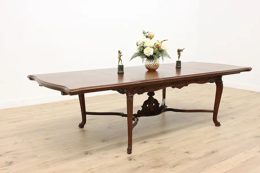 Main image of French Design Antique Carved 9' 8 " Walnut Dining Table, 4 Leaves in Case