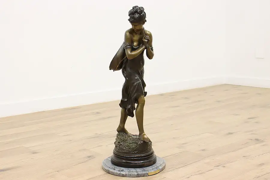 Main image of Young Woman & Mandolin Vintage Bronze Sculpture after Moreau, Marble Base