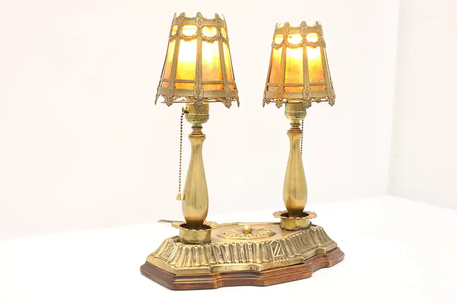 Main image of Classical Antique Brass Double Desk Lamp, Mica Shades