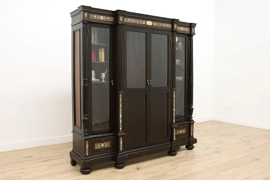 Main image of Classical Antique Ebonized Display Cabinet or Bookcase, Bone Marquetry