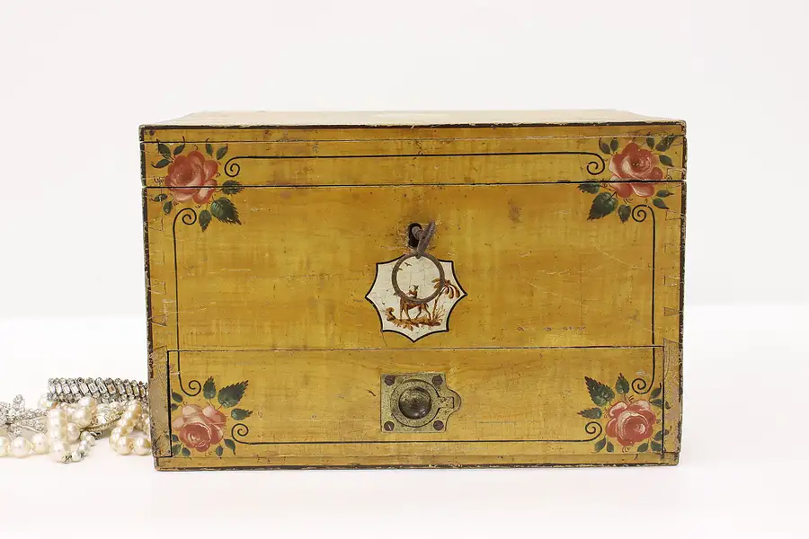 Main image of English Victorian Antique Hand Painted Keepsake Box or Jewelry Chest