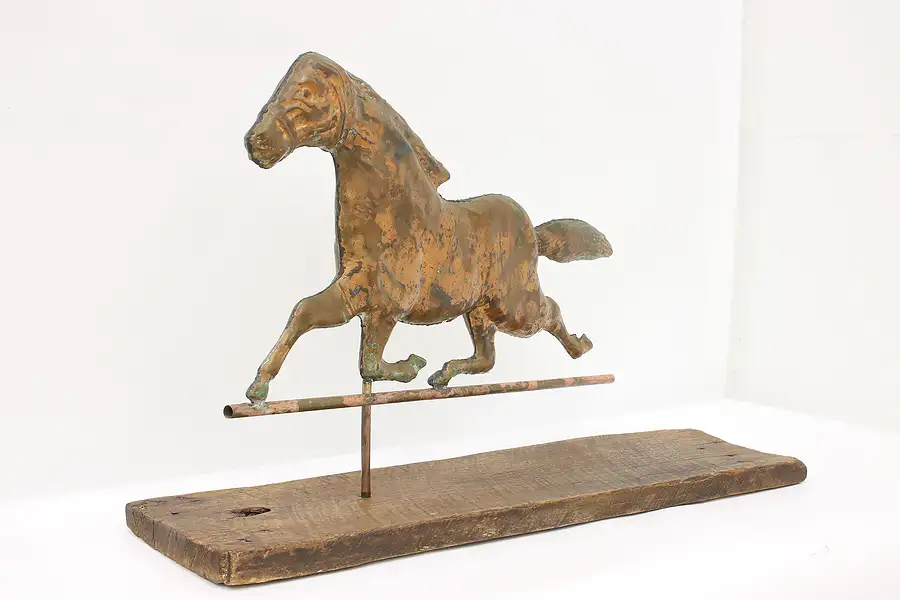 Main image of Farmhouse Salvage Vintage Copper Horse Weathervane Barn Board Base