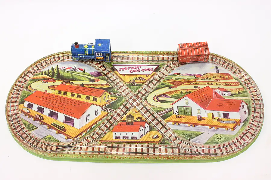 Main image of Farmhouse Vintage Tin Toy Train Track, Wind Up Engine & Boxcar, Marx