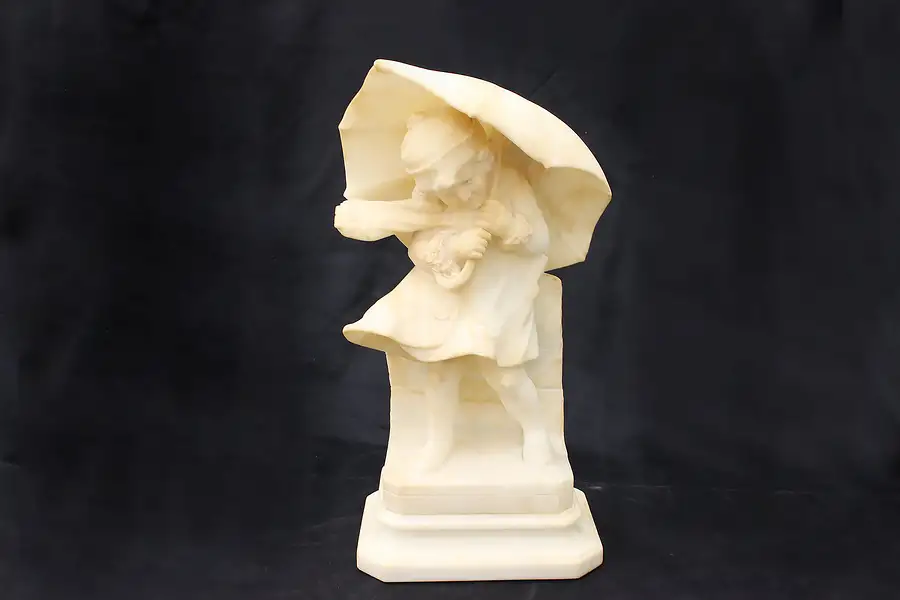 Main image of Alabaster Antique Statue, Young Girl with Umbrella Italian Sculpture