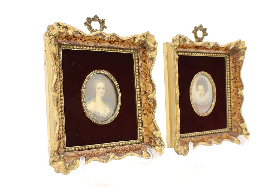 Main image of Pair of Miniature Antique Portrait Paintings in Italian Gold Frames