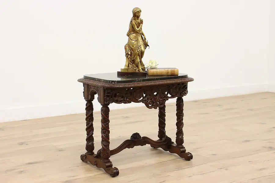 Main image of Tudor Antique Carved Walnut Coffee, Side, or End Table, Marble, Flint NY