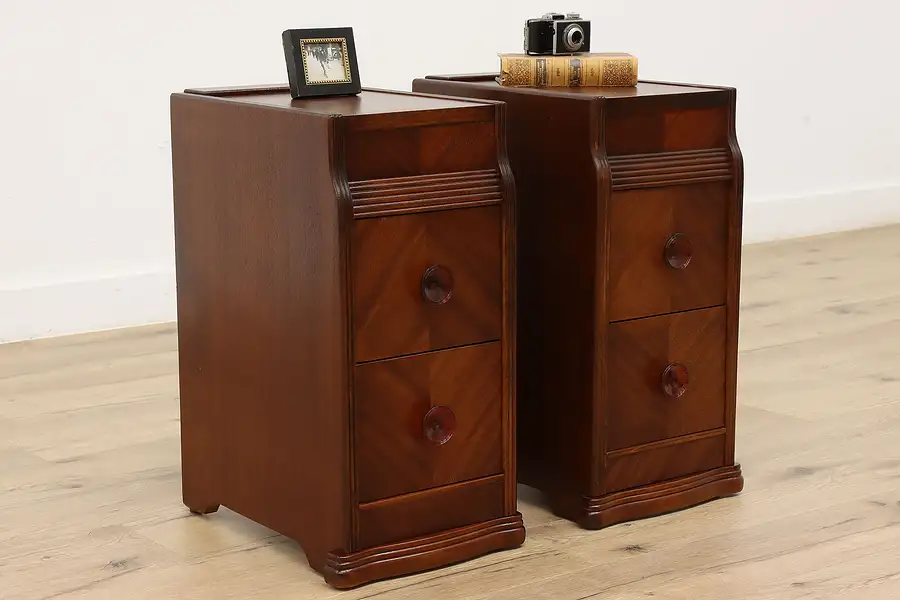 Main image of Pair of Art Deco Vintage Mahogany Nightstands, End or Side Tables