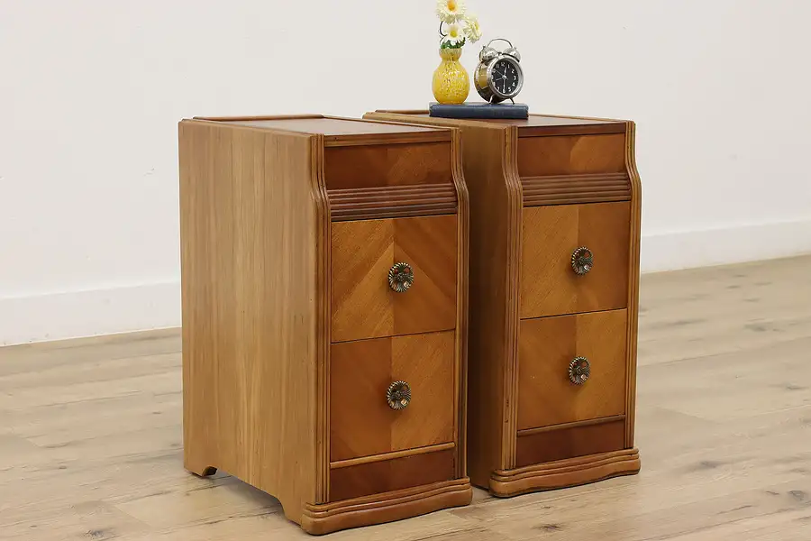 Main image of Pair of Art Deco Vintage Mahogany & Cherry Nightstands, End, Side Tables