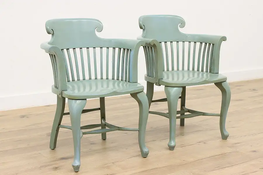 Main image of Pair of Vintage Teal Painted Office or Library Desk Chairs