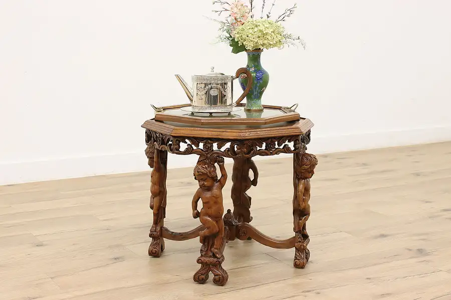 Main image of Marquetry Vintage Coffee Table & Tray, Carved Cherubs or Angels