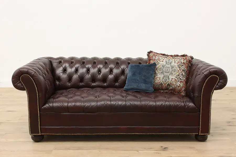 Main image of Chesterfield Tufted Leather Vintage Burgundy Sofa, Brass Nailhead Trim