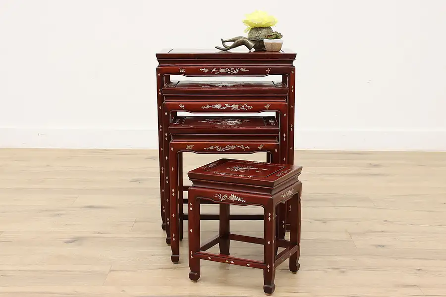 Main image of Set of 4 Chinese Vintage Rosewood & Pearl Inlay Nesting Tables