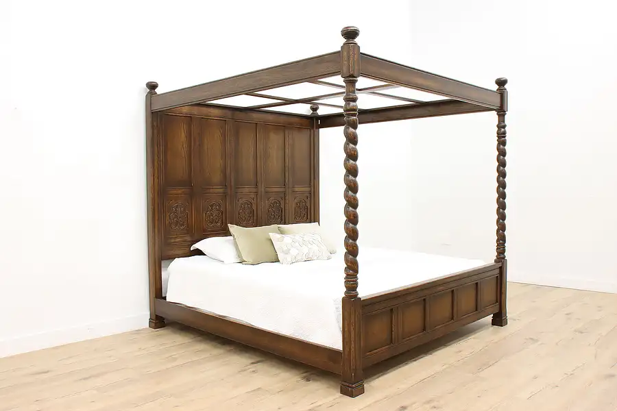 Main image of Tudor Design Vintage Carved Oak 4 Poster King Size Canopy Bed