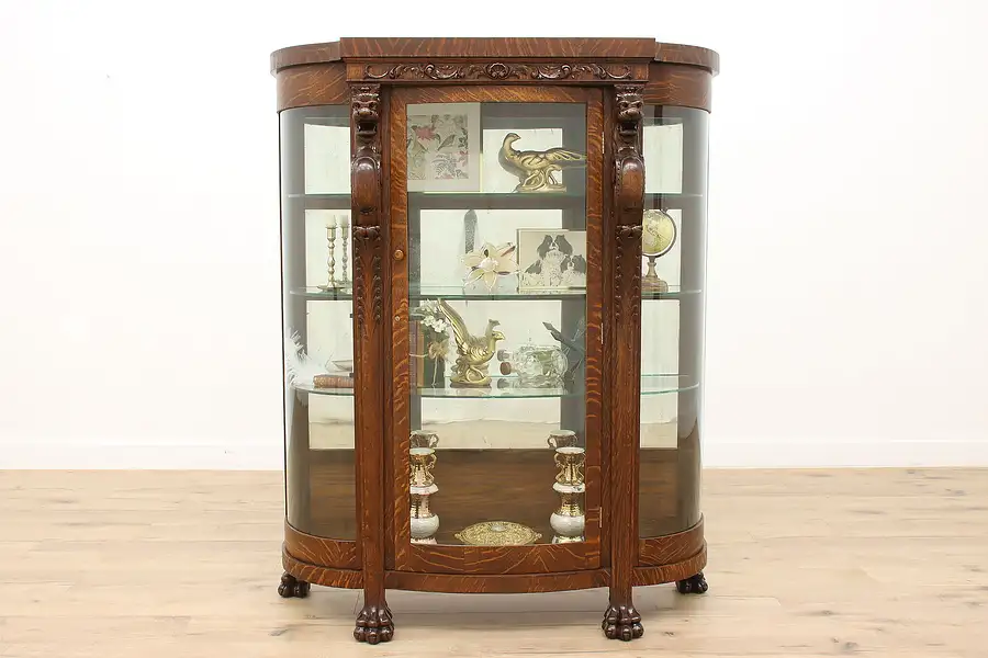 Main image of Victorian Antique Oak Curved Glass China Curio Cabinet, Carved Lions