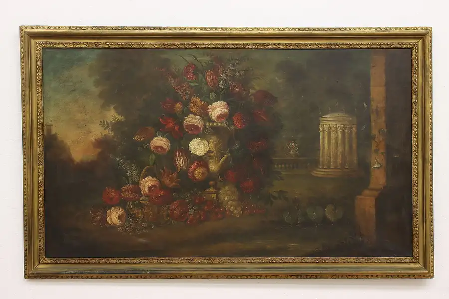 Main image of Still Life & Garden Folly 1800s Antique Original Oil Painting, 83"