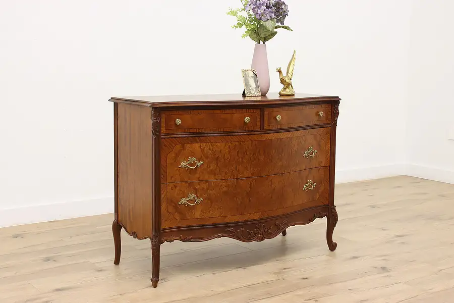 Main image of French Design Vintage Carved Mahogany Burl Dresser or Chest