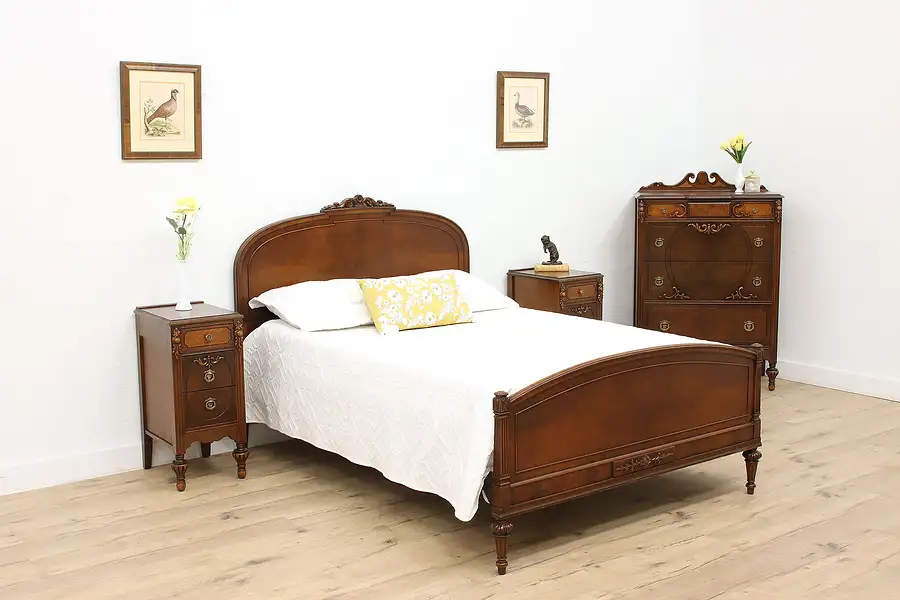 Main image of French Design Antique Walnut 4 Pc Bedroom Set, Full Size Bed